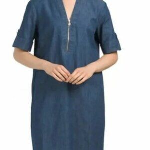 NEW Anne KLein STEFFI Dress Sz 2 Blue Chambray Denim Silver Zipper Roll Tab SLv